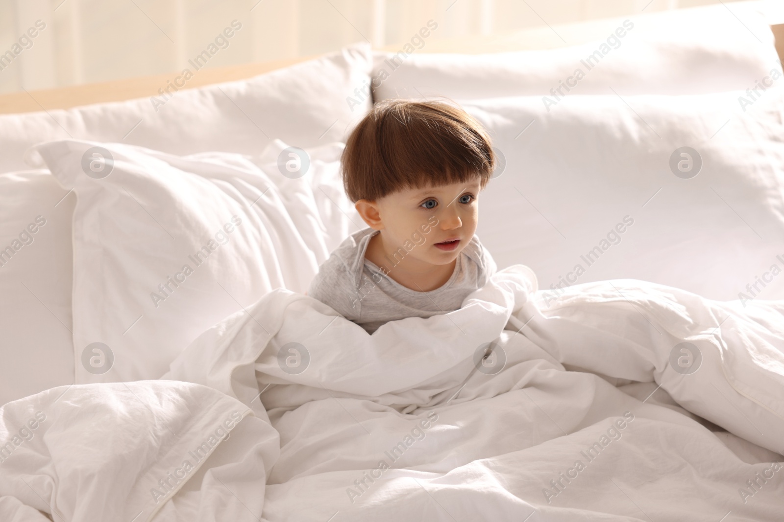 Photo of Cute little boy in bed at home