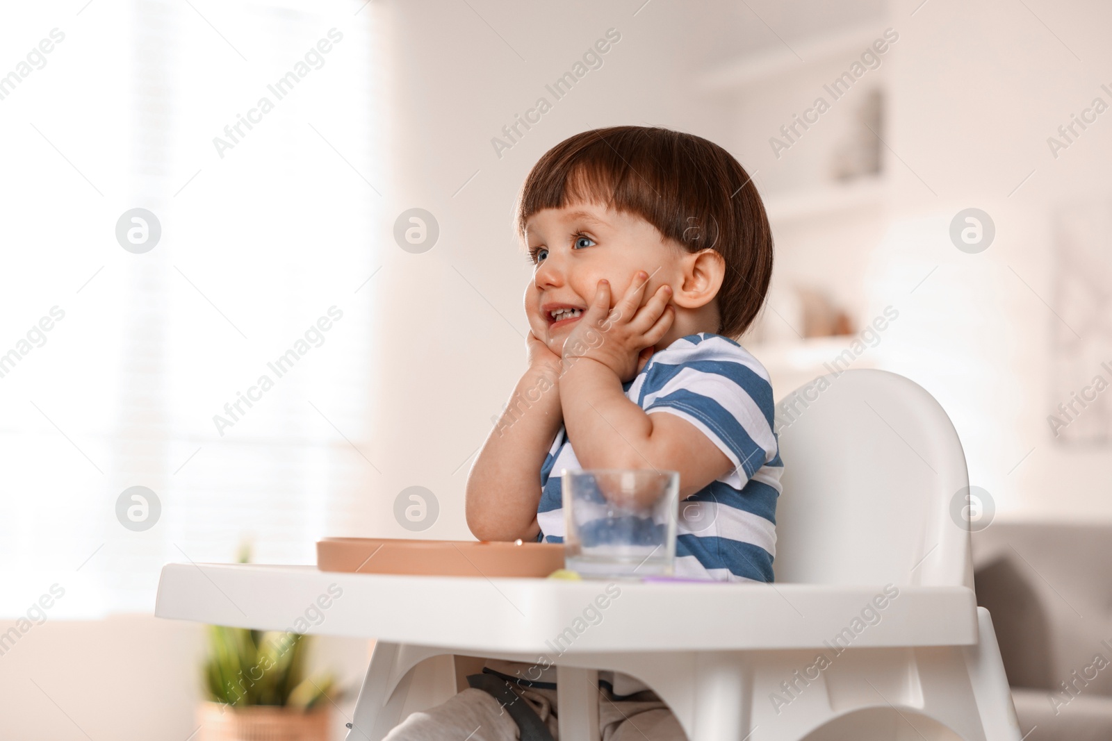 Photo of Cute little boy sitting in high chair at home