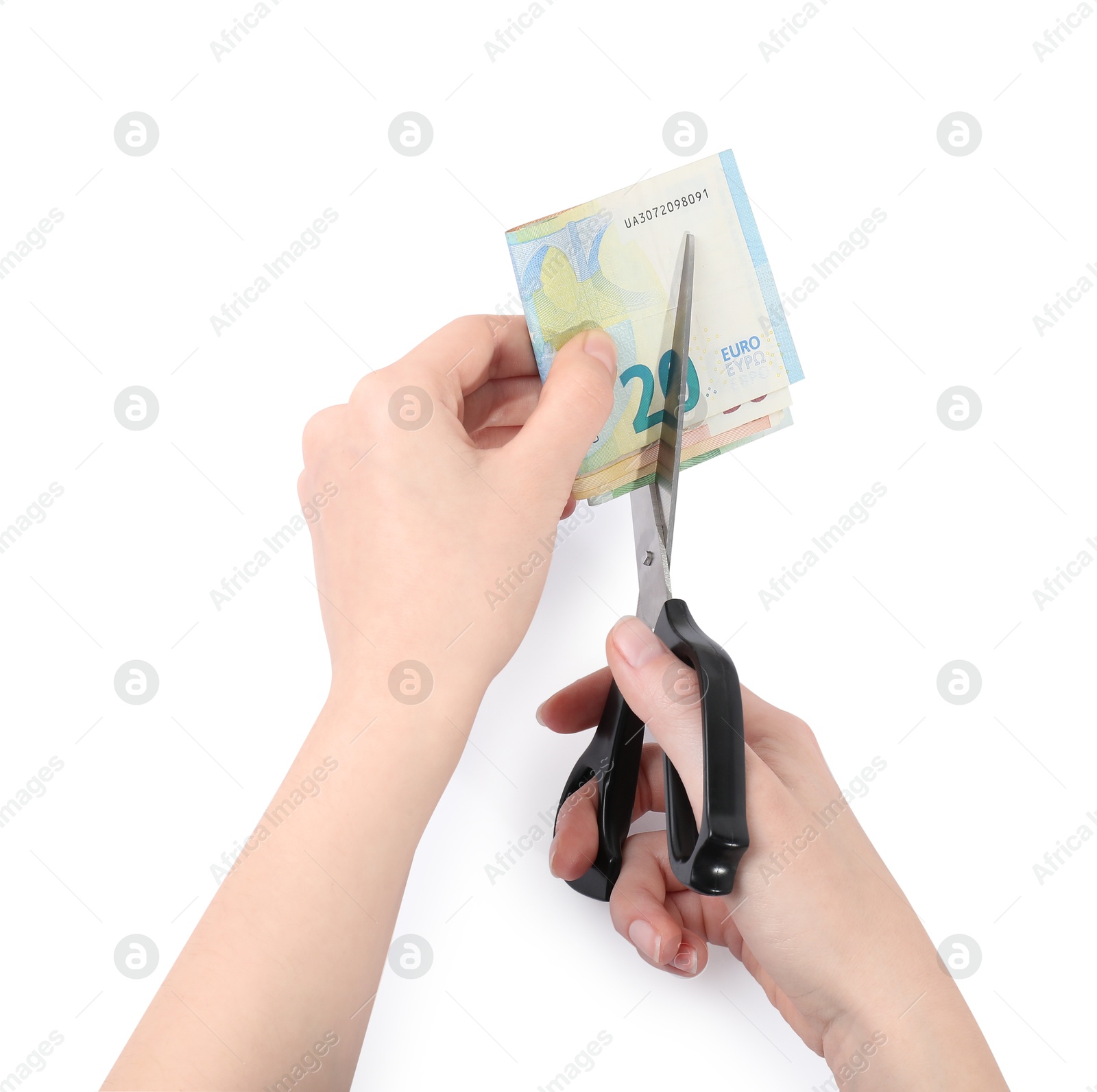 Photo of Woman cutting euro banknotes on white background, closeup