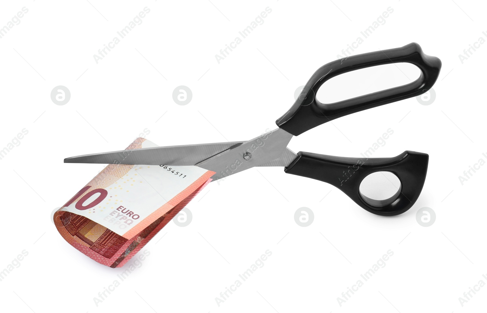 Photo of Scissors with euro banknote isolated on white