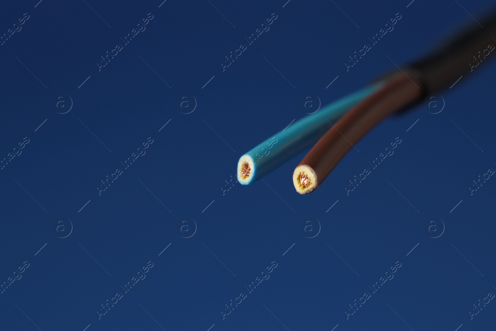 Photo of Black stripped electrical wire on blue background, closeup. Space for text