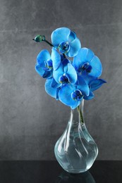 Photo of Beautiful blue orchid flowers in glass vase on mirror surface