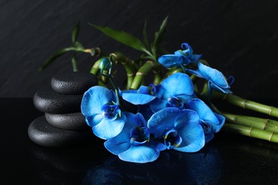 Photo of Beautiful blue orchid flowers, spa stones and bamboo stems on mirror surface