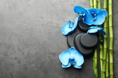 Photo of Beautiful blue orchid flowers, bamboo stems and spa stones on grey table, flat lay. Space for text