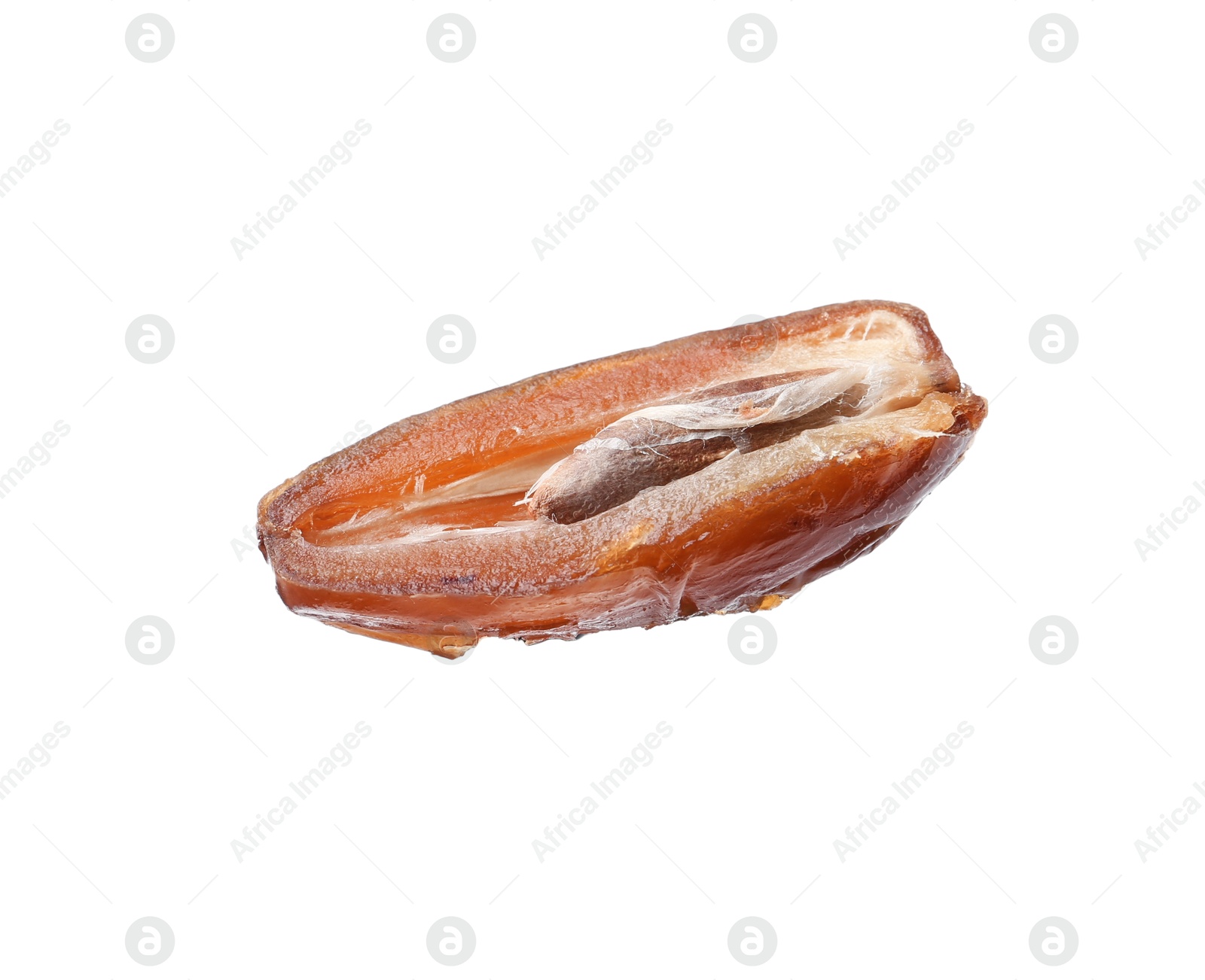 Photo of Half of tasty dried date isolated on white