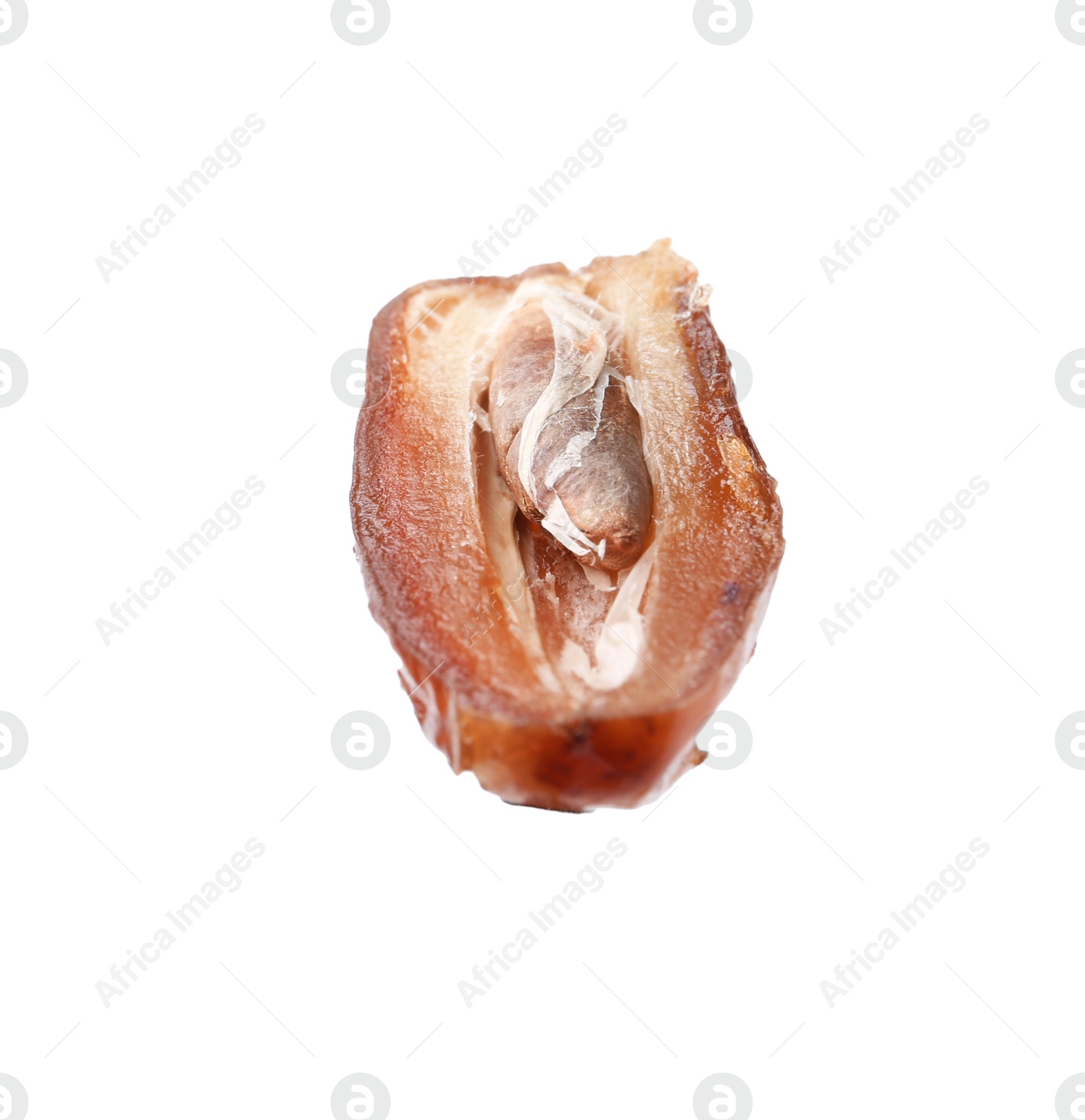 Photo of Half of tasty dried date isolated on white