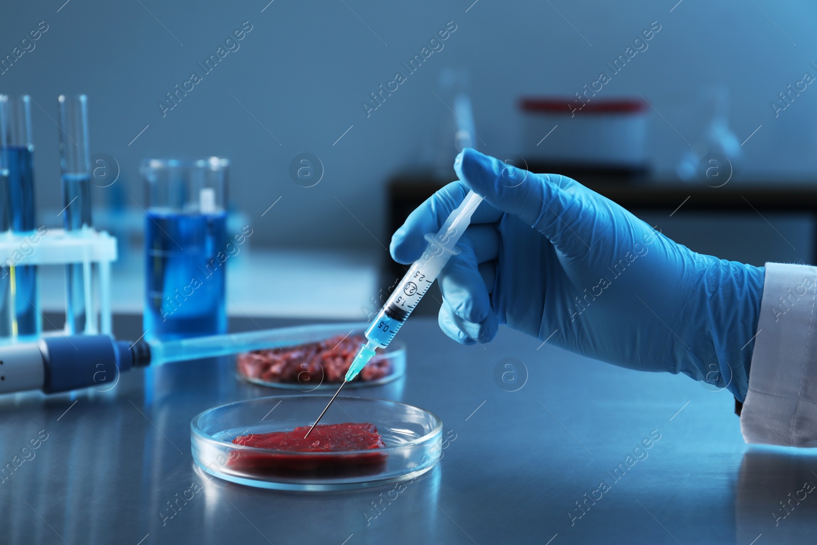 Photo of GMO concept. Scientist injecting something into piece of meat at table in laboratory, closeup