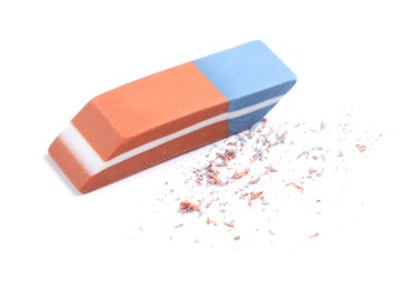 Photo of One eraser and scraps isolated on white