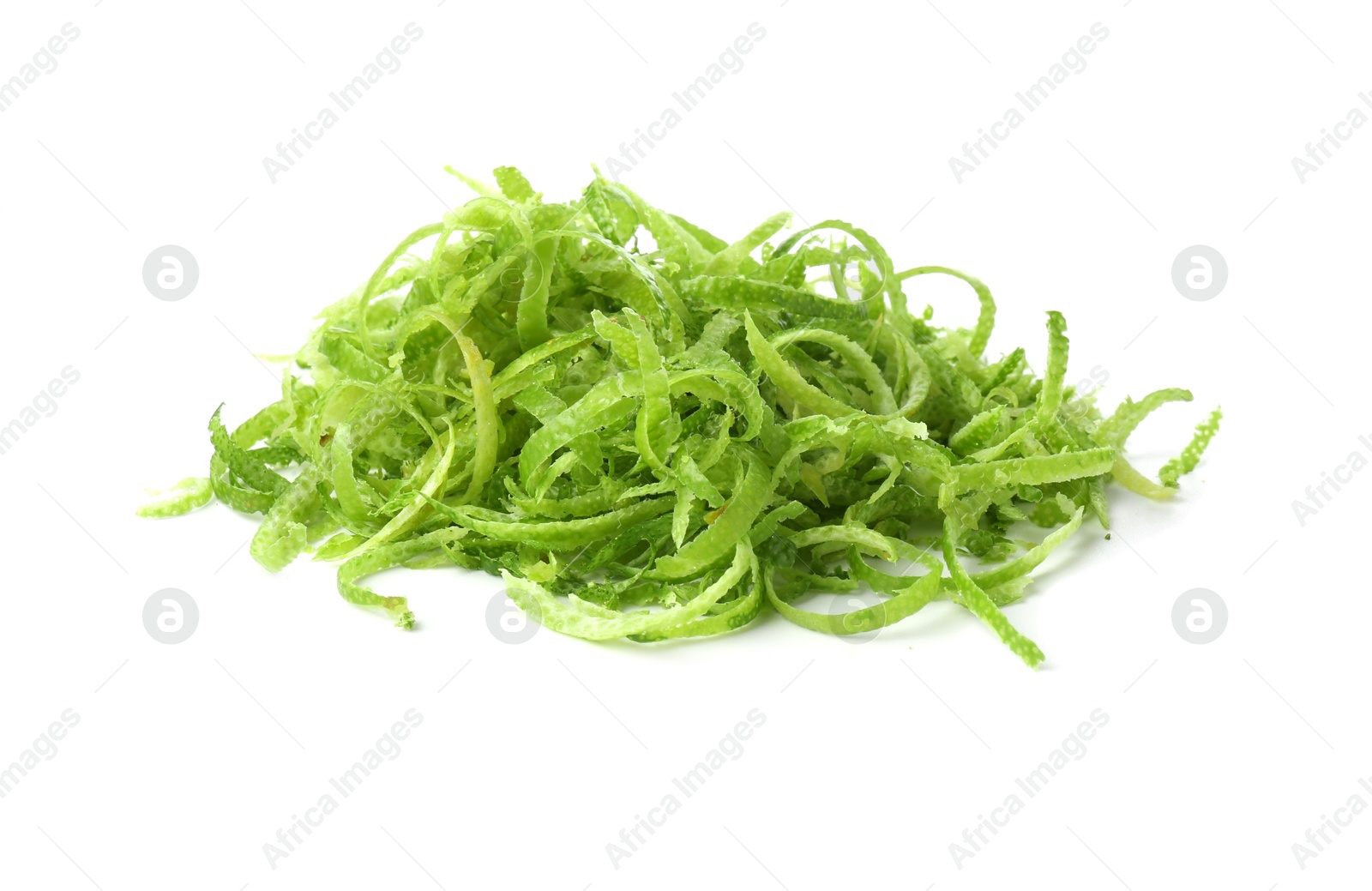 Photo of Pile of fresh lime zest isolated on white