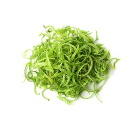 Photo of Pile of fresh lime zest isolated on white, top view