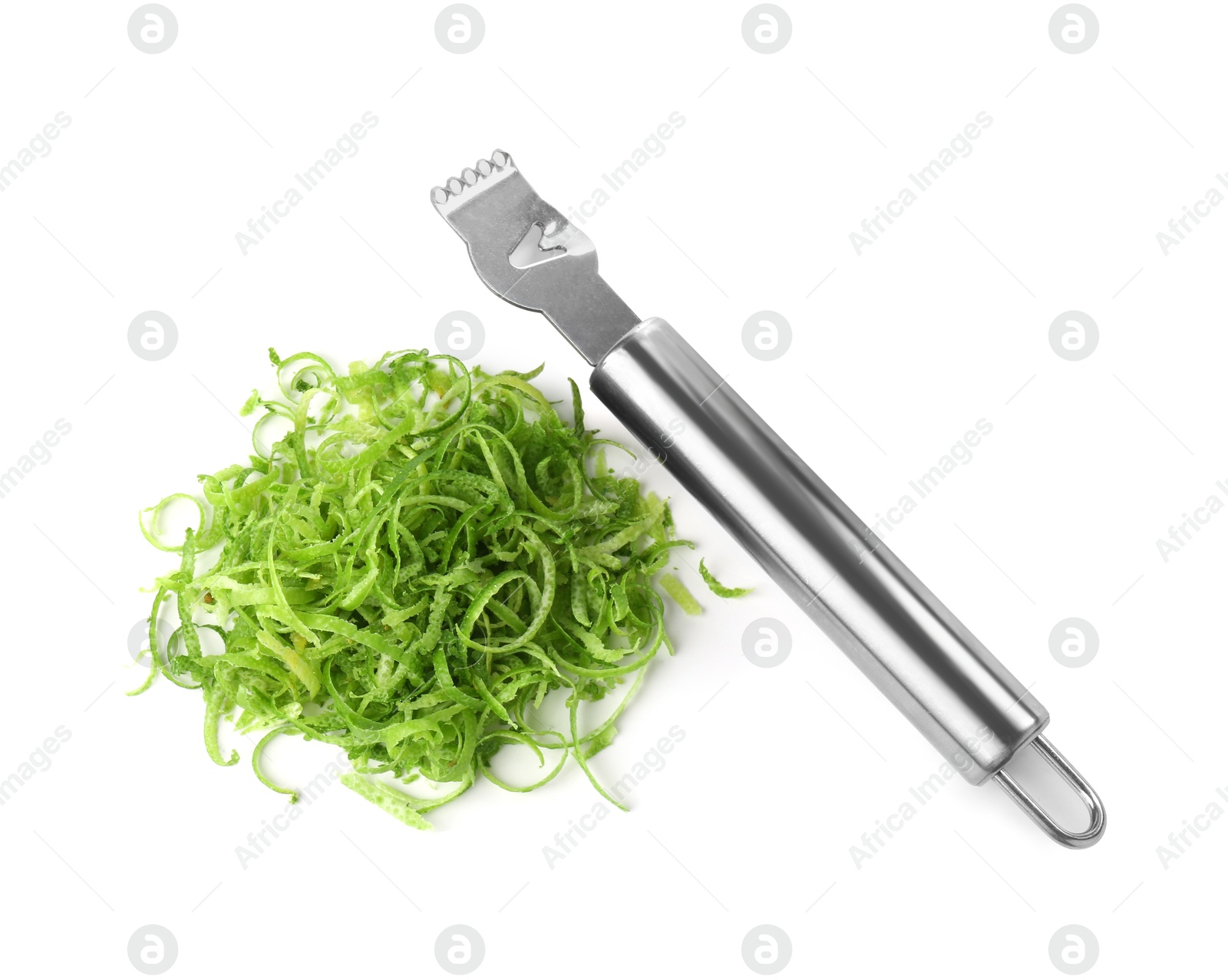 Photo of Lime zest and zester tool isolated on white, top view