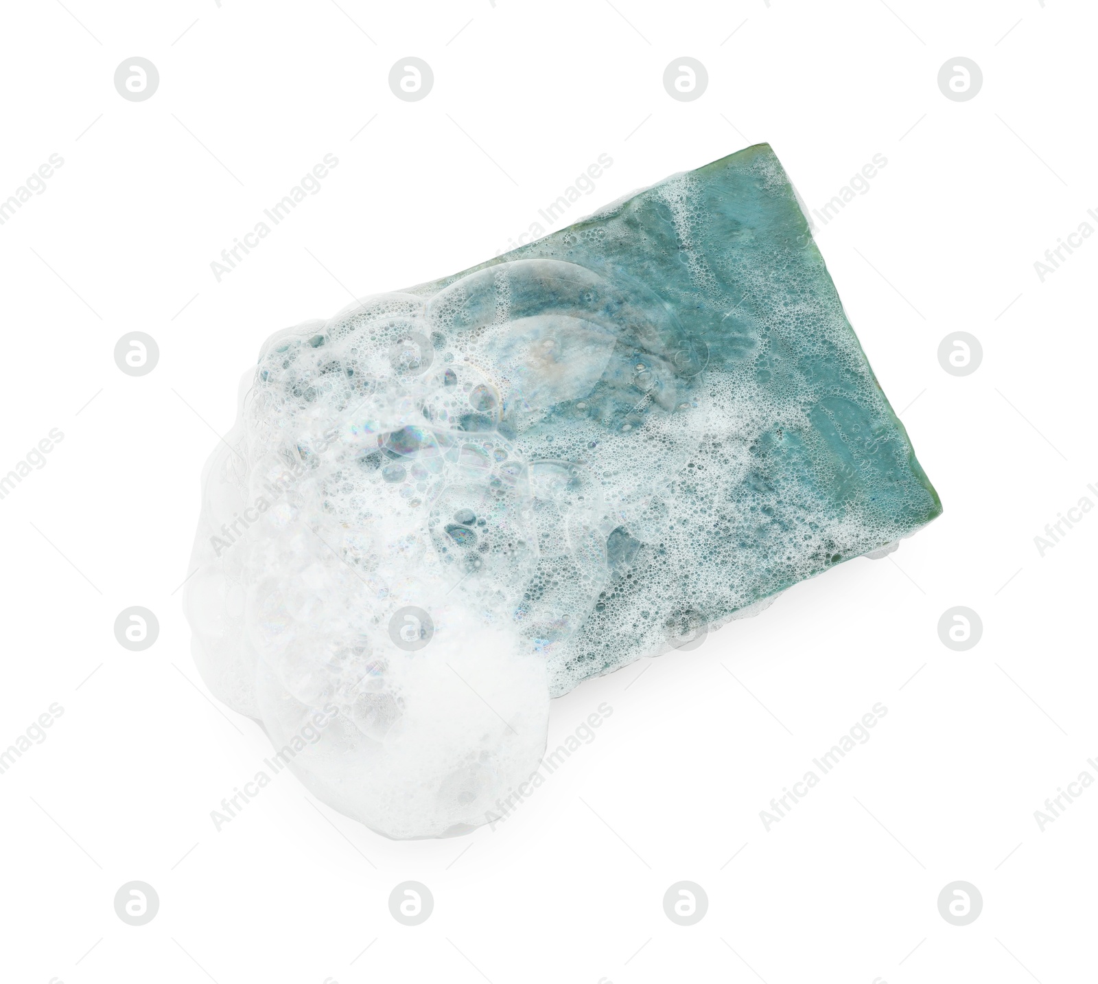 Photo of Blue soap with foam on white background, top view