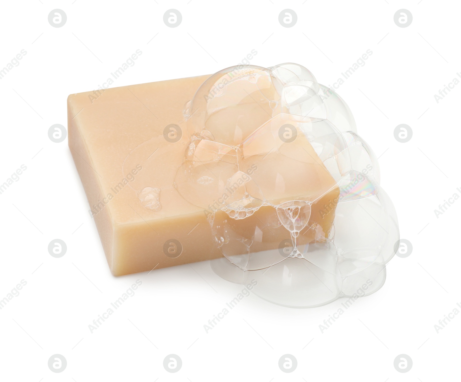 Photo of Bar soap with foam on white background