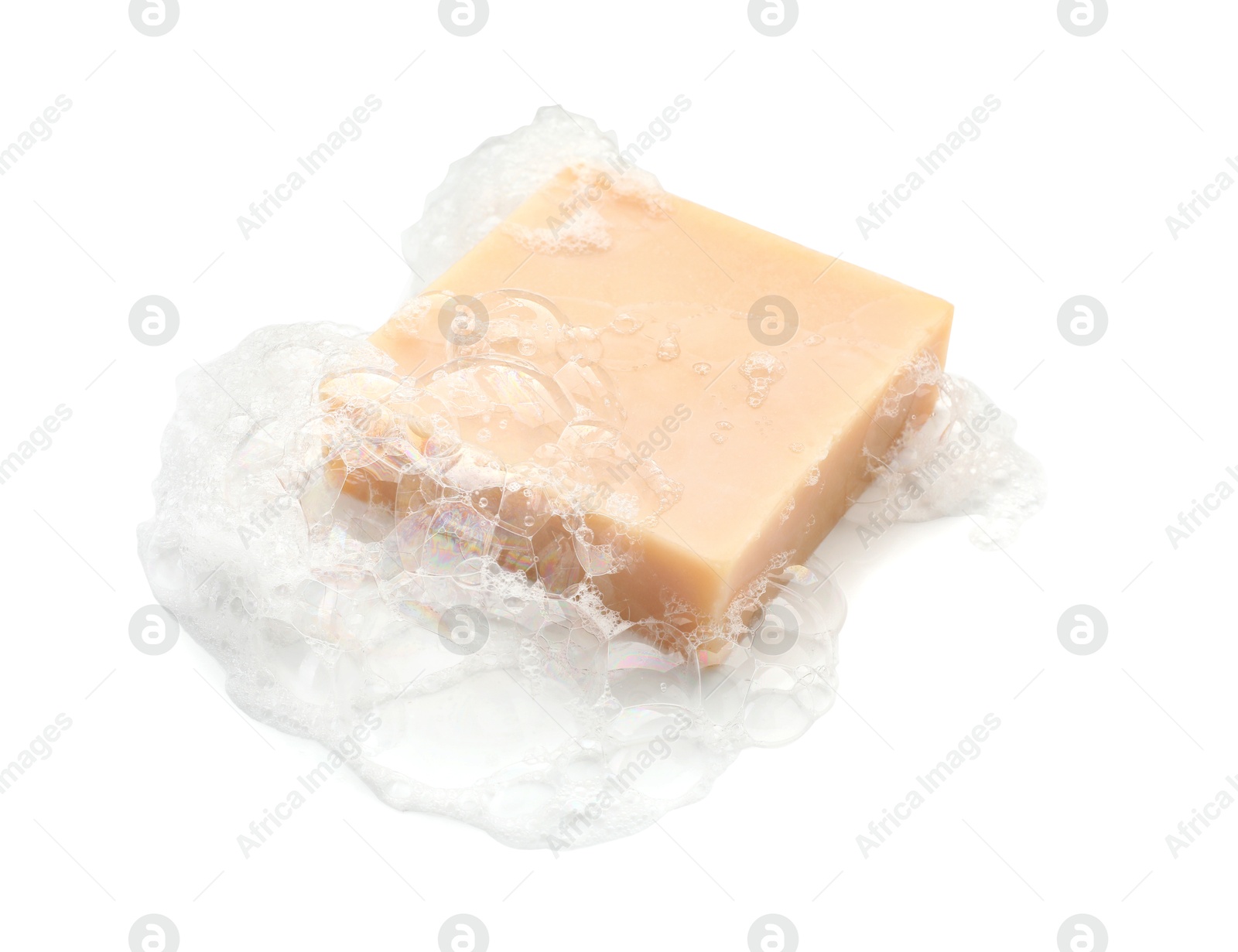 Photo of Bar soap with foam on white background