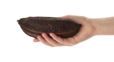 Photo of Woman with cocoa pod on white background, closeup