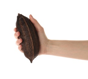 Photo of Woman with cocoa pod on white background, closeup