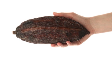 Photo of Woman with cocoa pod on white background, closeup