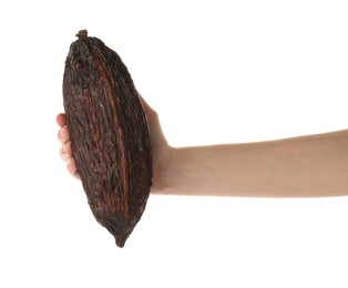 Photo of Woman with cocoa pod on white background, closeup