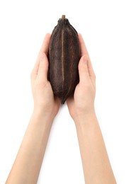 Photo of Woman with cocoa pod on white background, top view