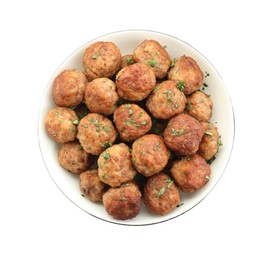 Photo of Tasty cooked meatballs with green onion in bowl isolated on white, top view