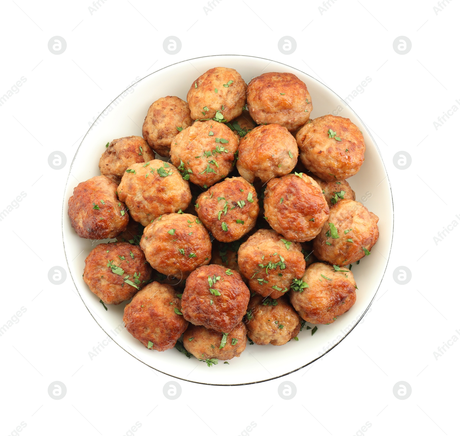 Photo of Tasty cooked meatballs with green onion in bowl isolated on white, top view