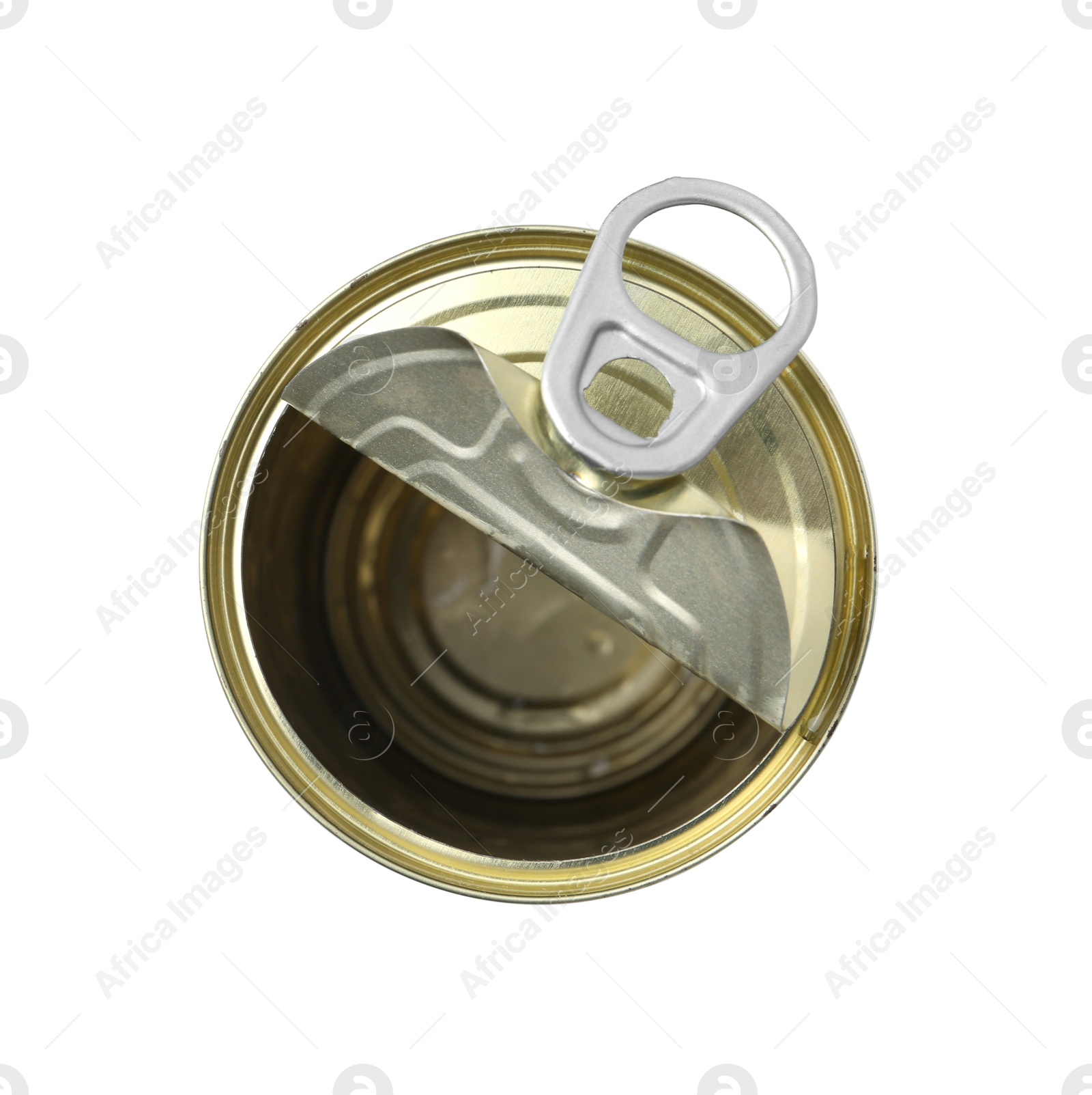 Photo of One open tin can isolated on white, top view