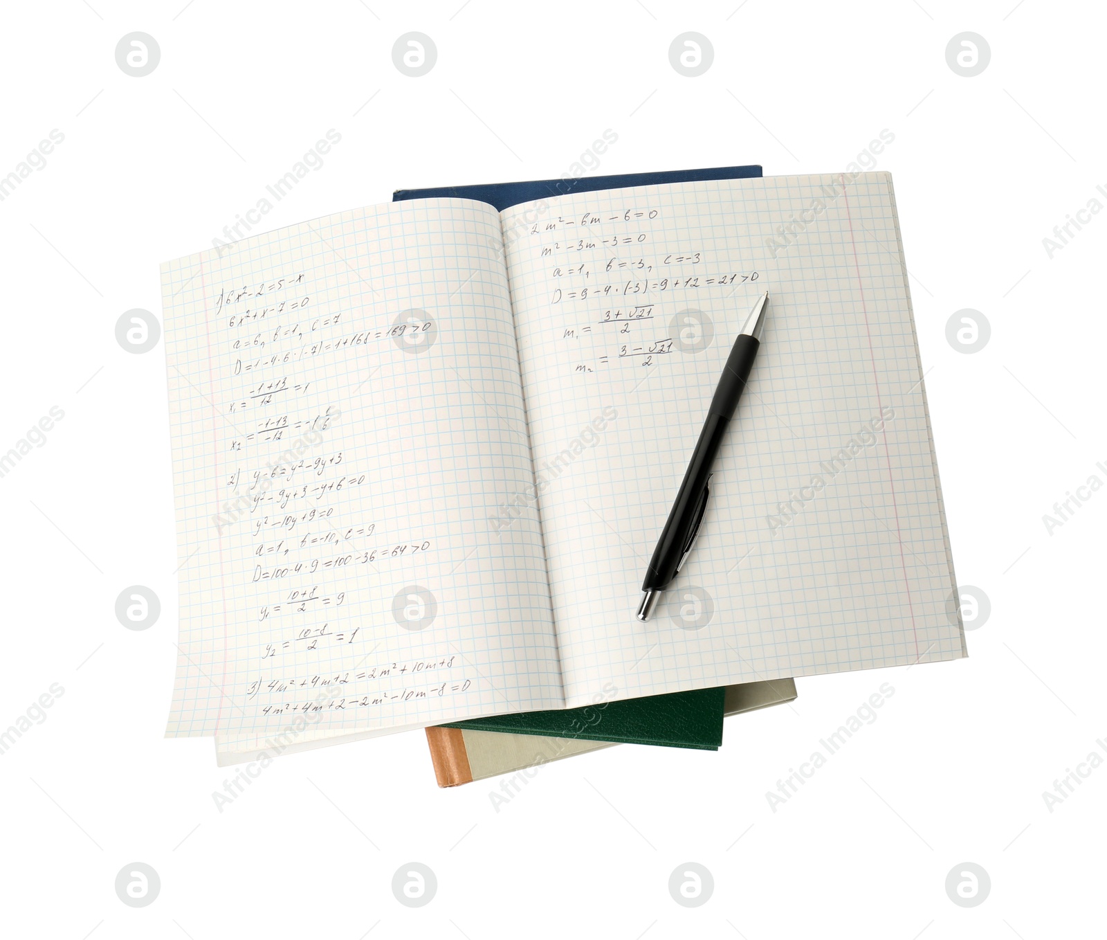 Photo of Doing homework. Notebook with math assignment, pen and books isolated on white, top view