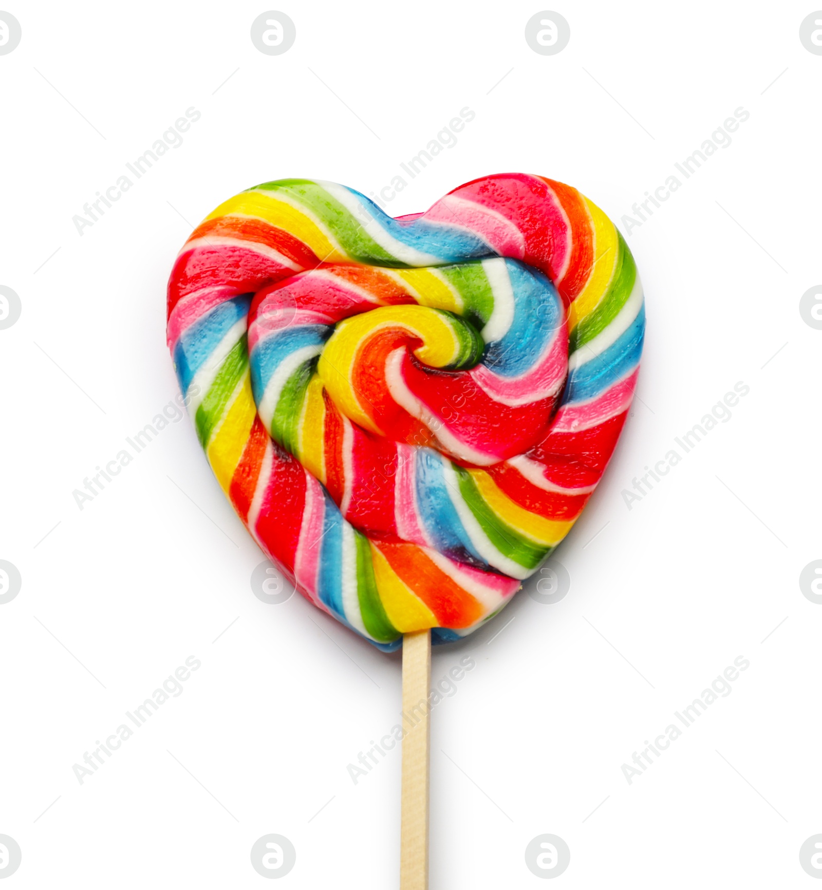 Photo of Tasty heart shaped lollipop isolated on white, top view