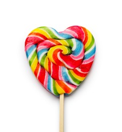 Photo of Tasty heart shaped lollipop isolated on white, top view