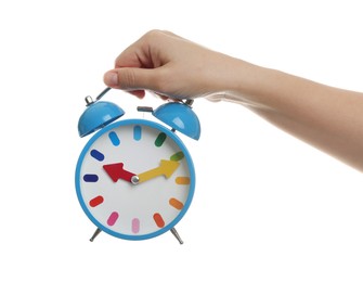 Photo of Woman with alarm clock on white background, closeup