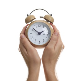 Photo of Woman with alarm clock on white background, closeup