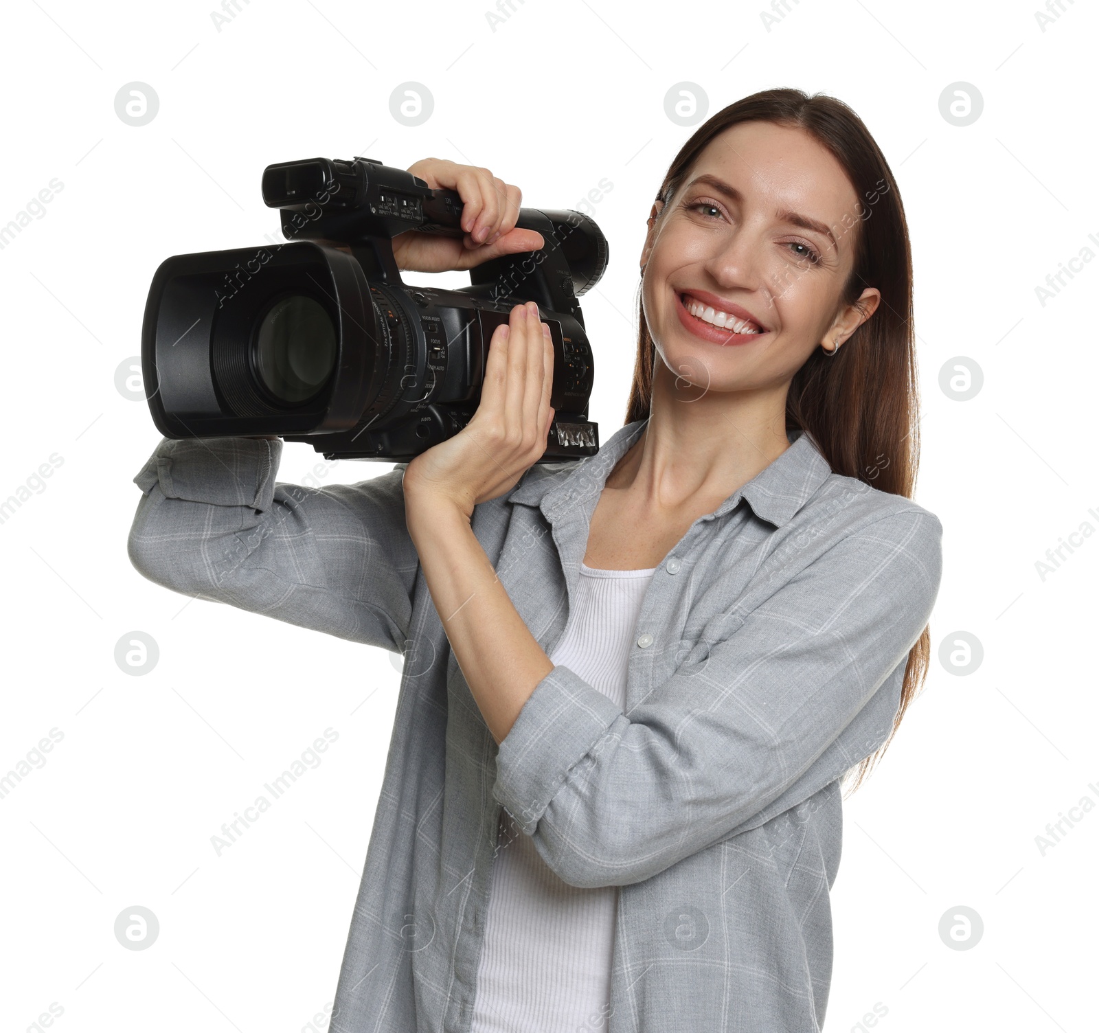 Photo of Happy woman with professional video camera on white background