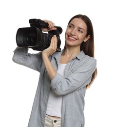 Photo of Happy woman with professional video camera on white background