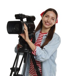 Photo of Happy woman with professional video camera on white background