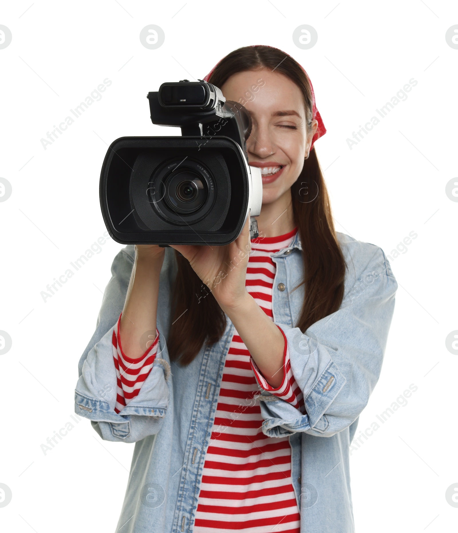 Photo of Happy woman with professional video camera on white background