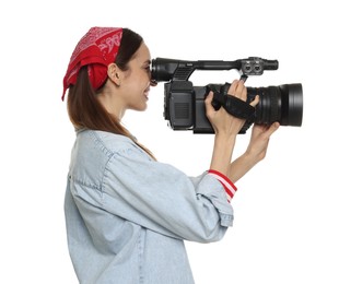 Photo of Happy woman with professional video camera on white background