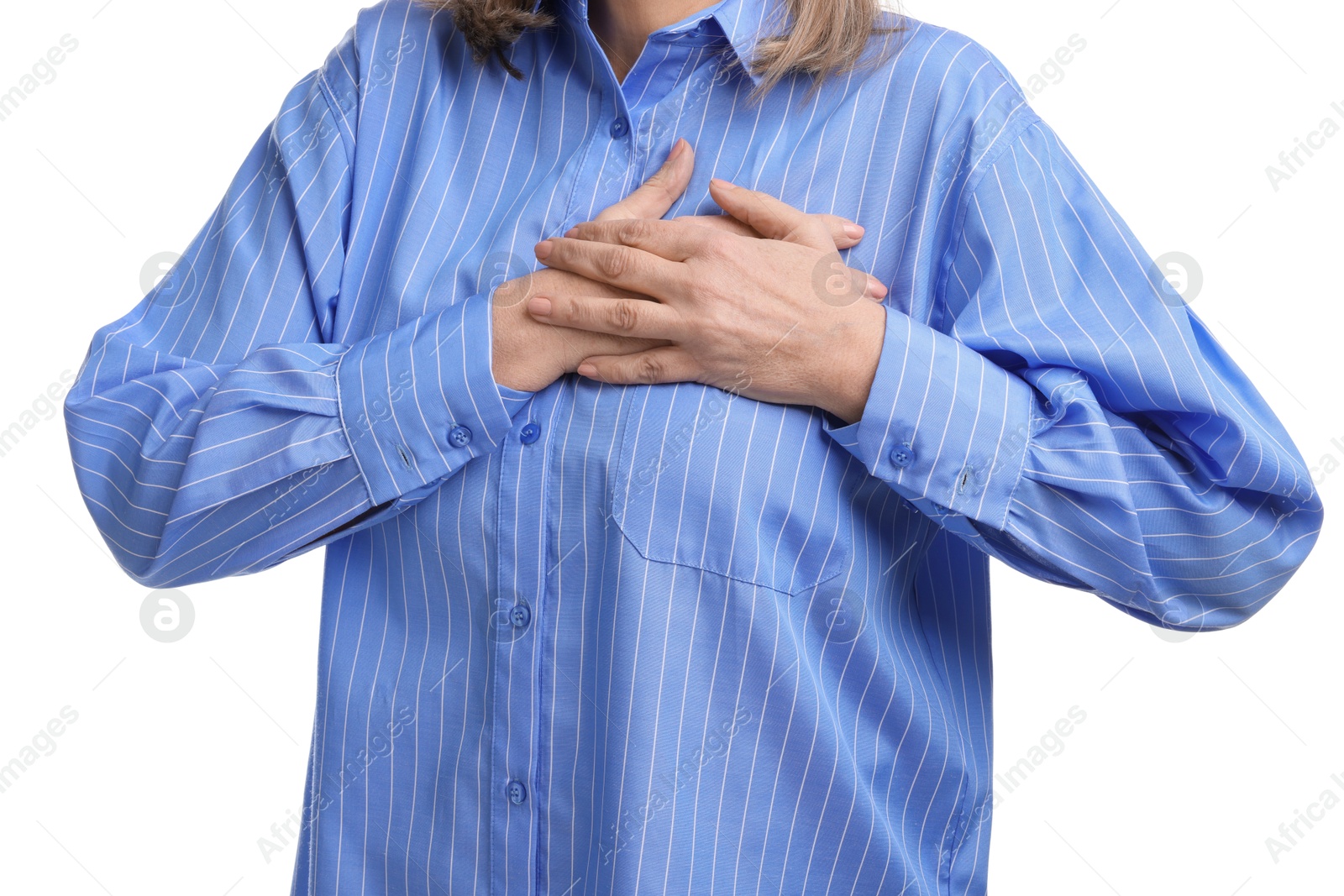 Photo of Heart attack. Senior woman suffering from pain in chest on white background, closeup