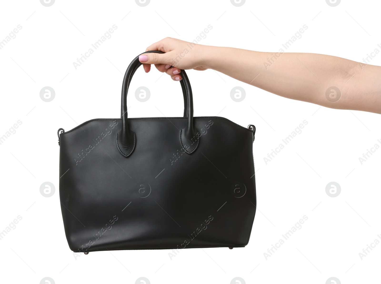 Photo of Woman with beautiful handbag on white background, closeup. Stylish accessory