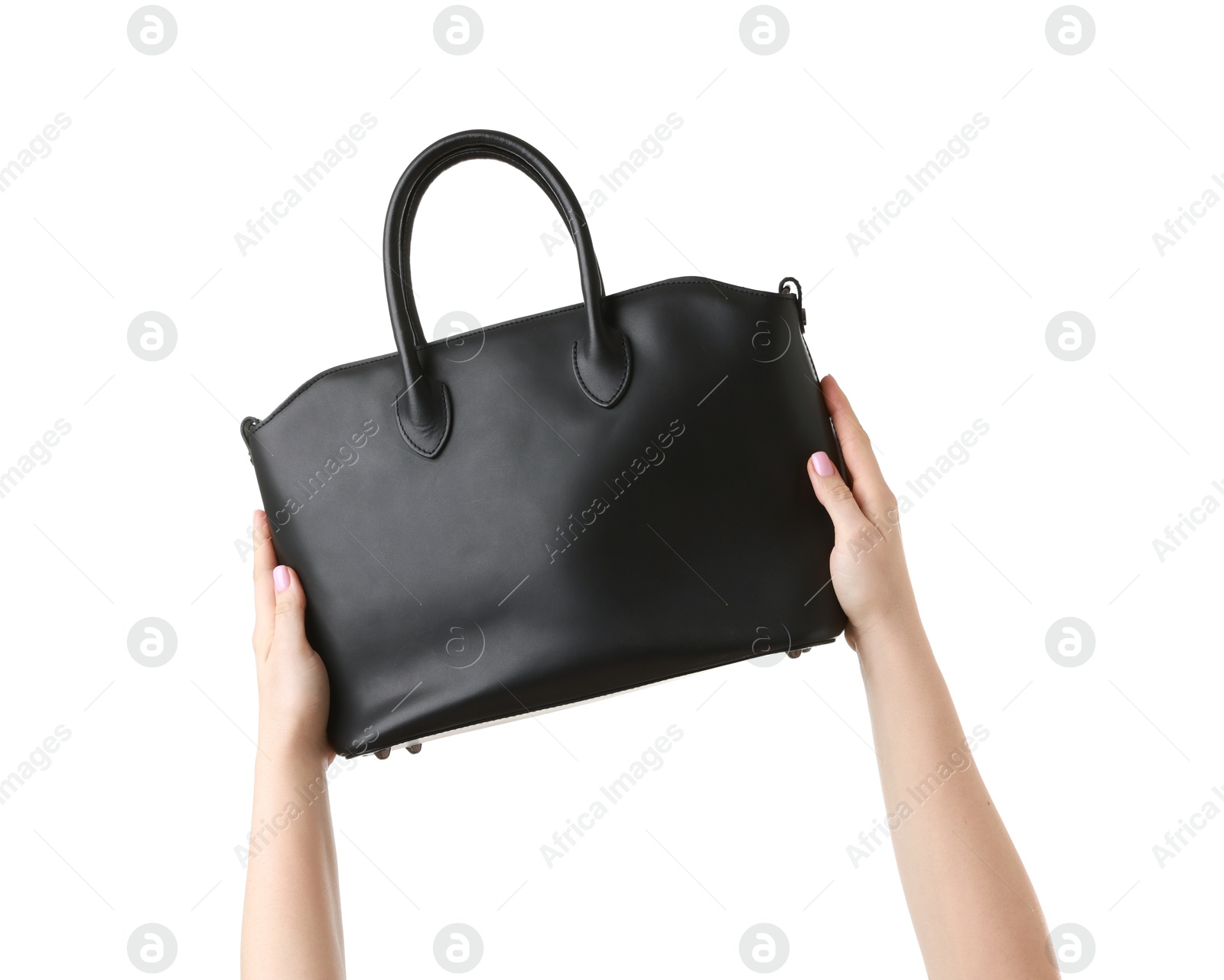 Photo of Woman with beautiful handbag on white background, closeup. Stylish accessory