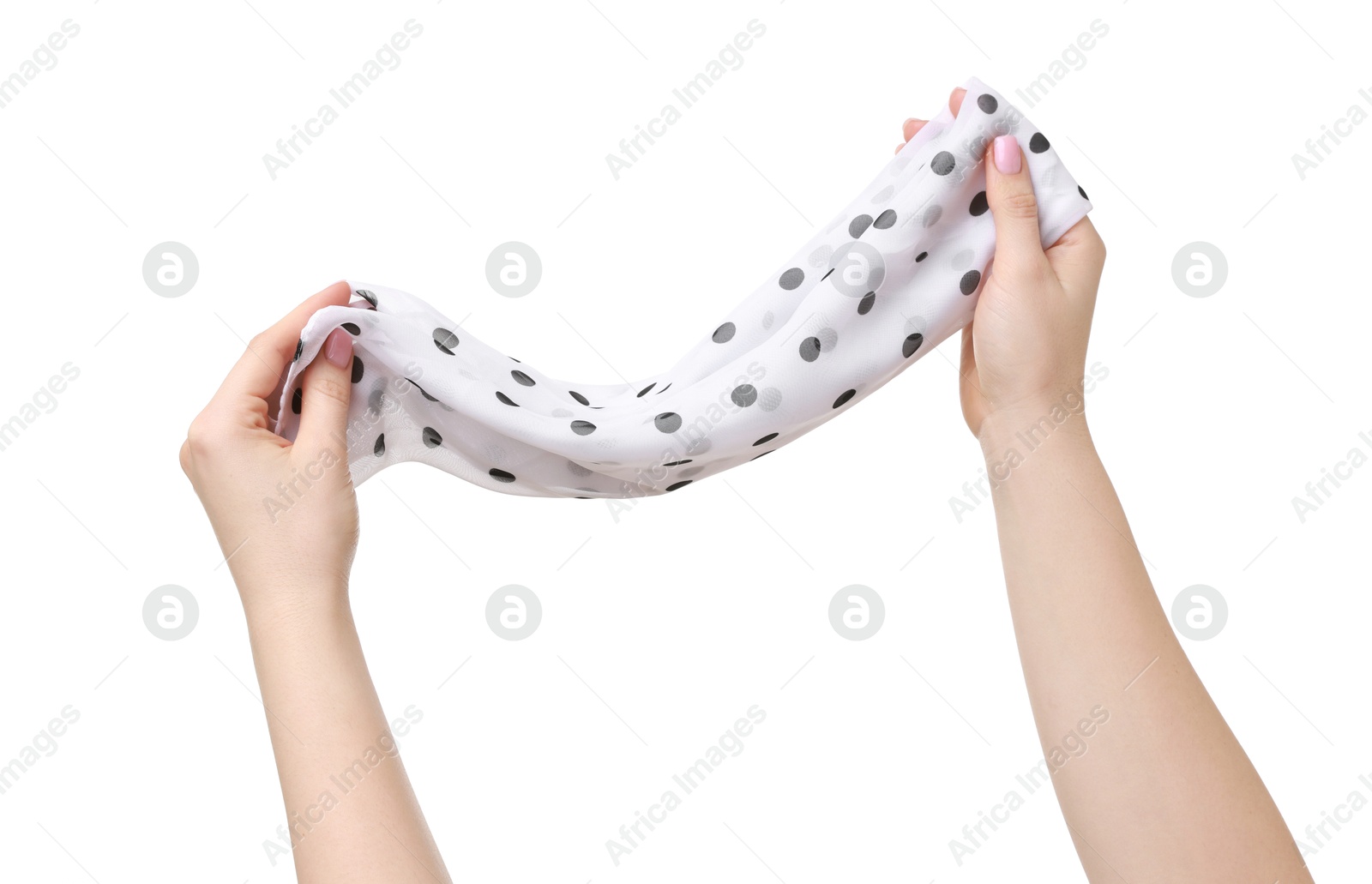 Photo of Woman with beautiful scarf on white background, closeup. Stylish accessory