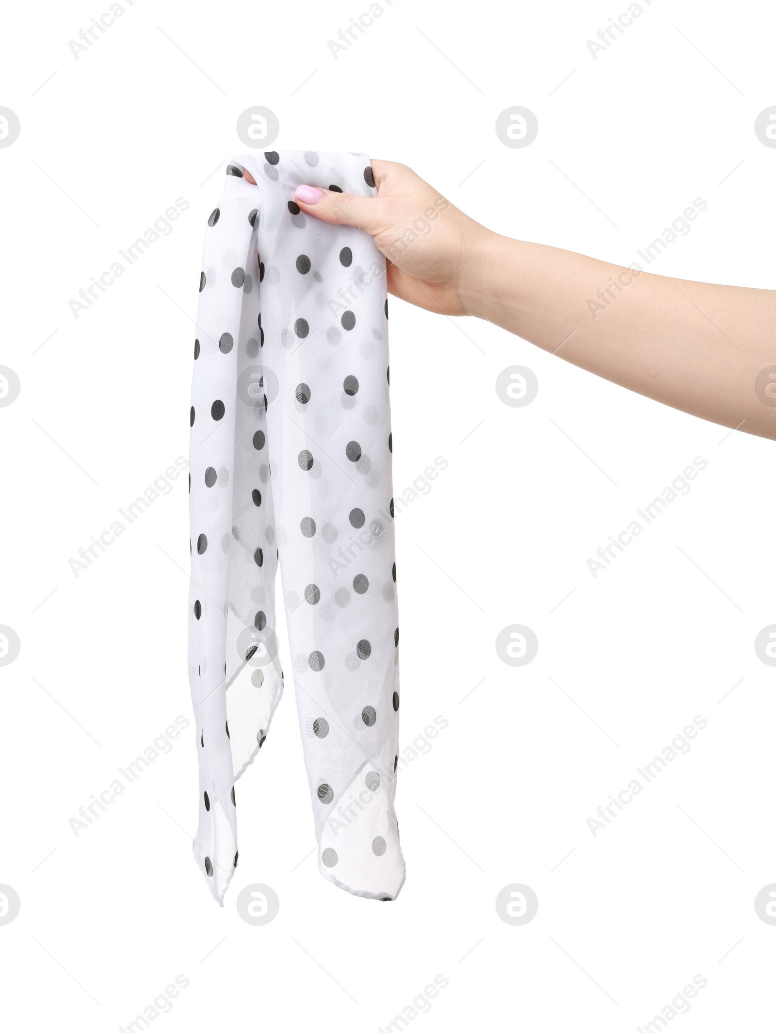 Photo of Woman with beautiful scarf on white background, closeup. Stylish accessory