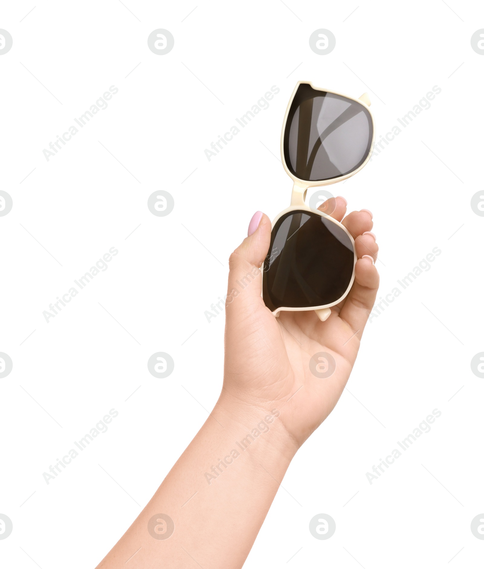 Photo of Woman with beautiful sunglasses on white background, closeup. Stylish accessory