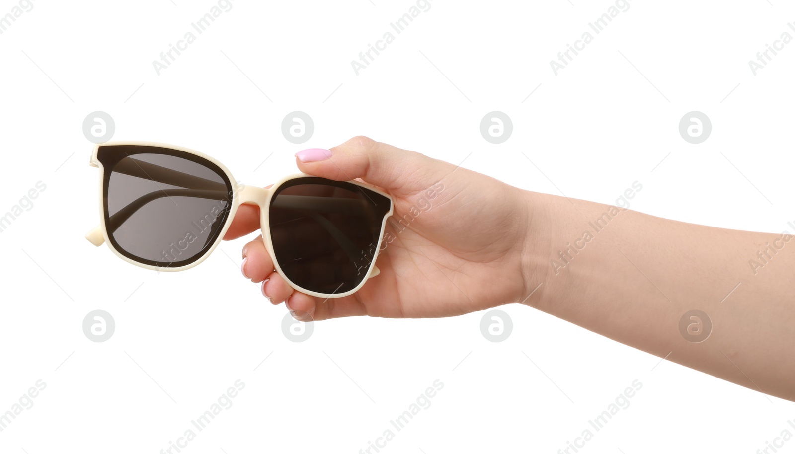 Photo of Woman with beautiful sunglasses on white background, closeup. Stylish accessory