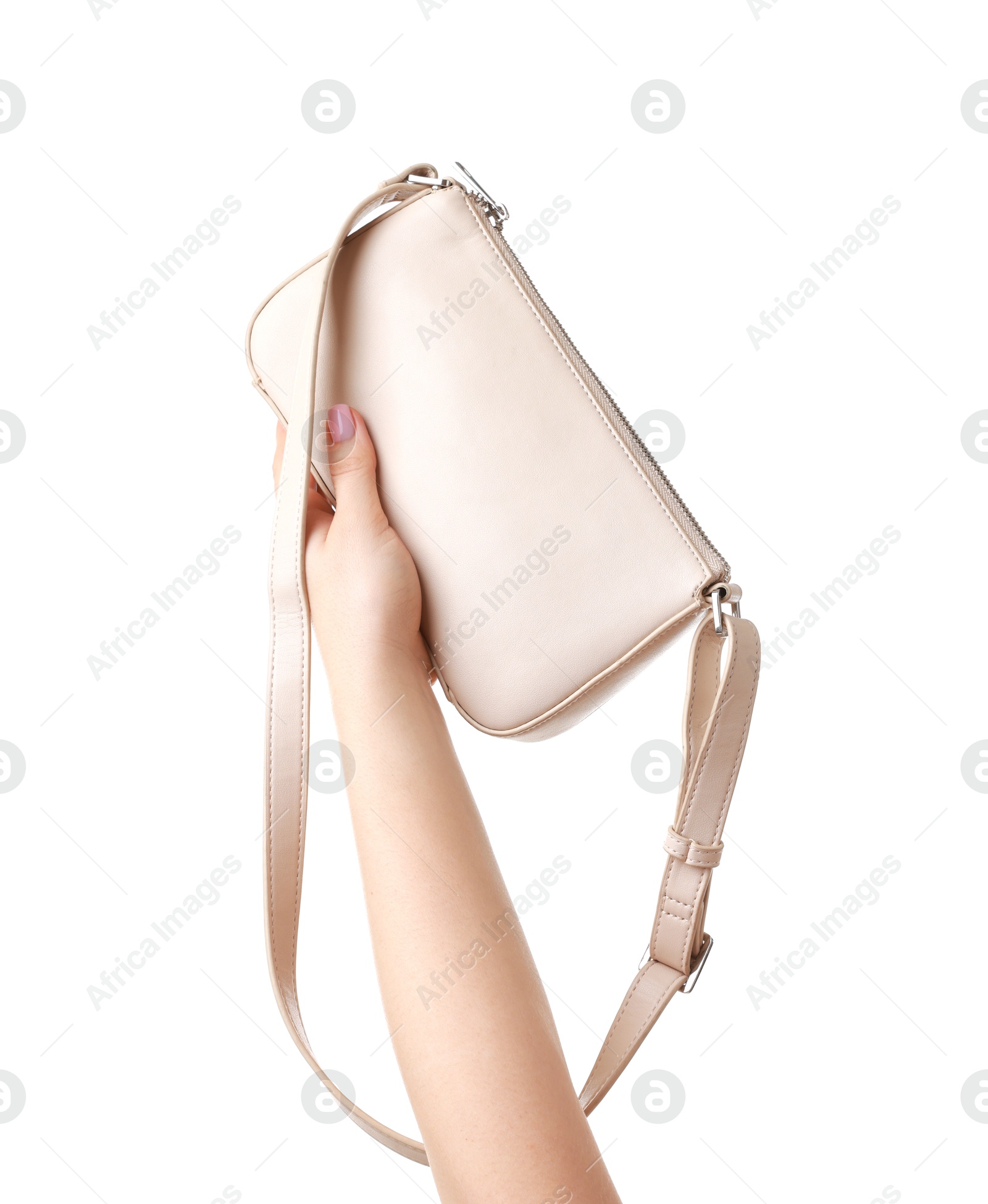 Photo of Woman with beautiful handbag on white background, closeup. Stylish accessory