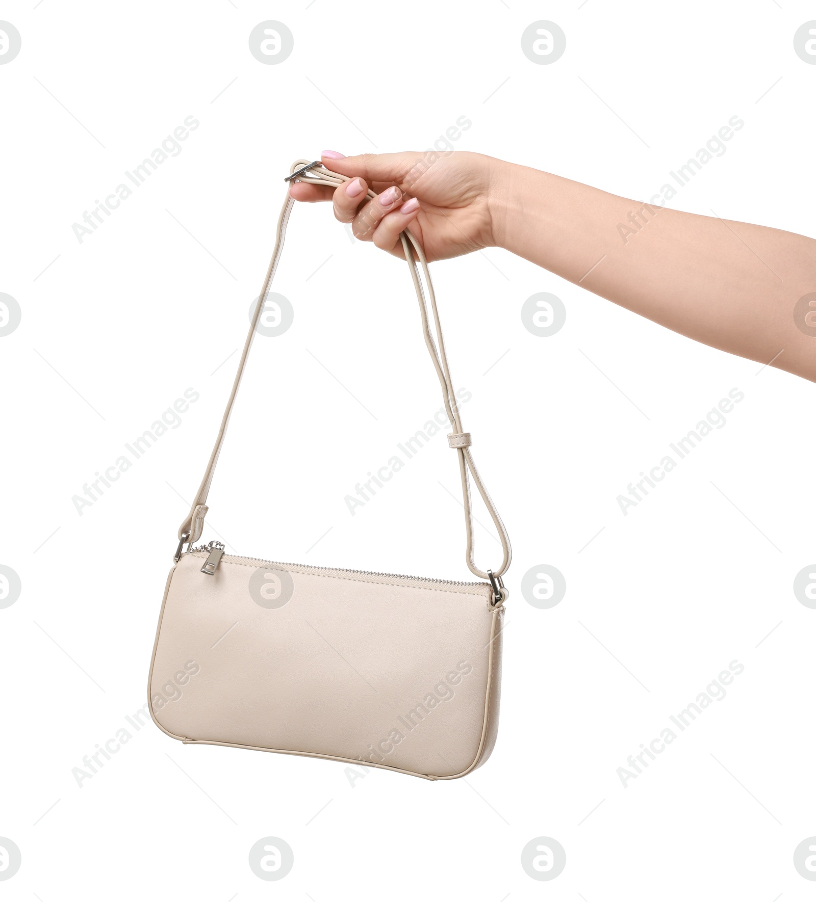 Photo of Woman with beautiful handbag on white background, closeup. Stylish accessory