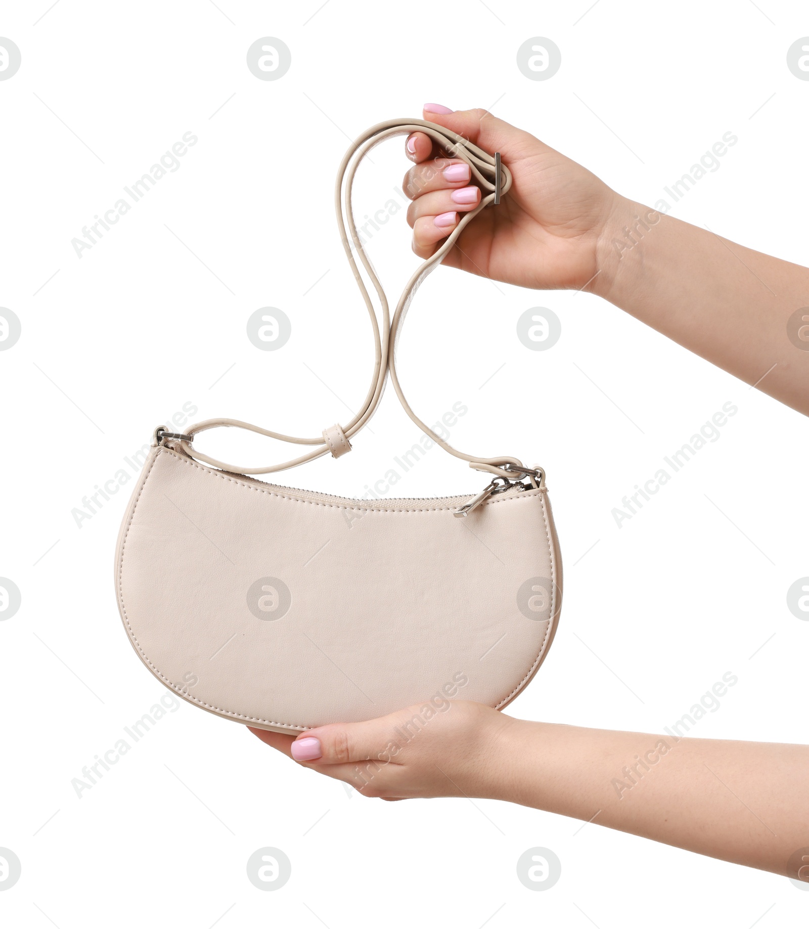 Photo of Woman with beautiful handbag on white background, closeup. Stylish accessory