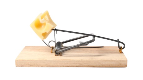 Photo of Spring-loaded bar mousetrap with piece of cheese isolated on white