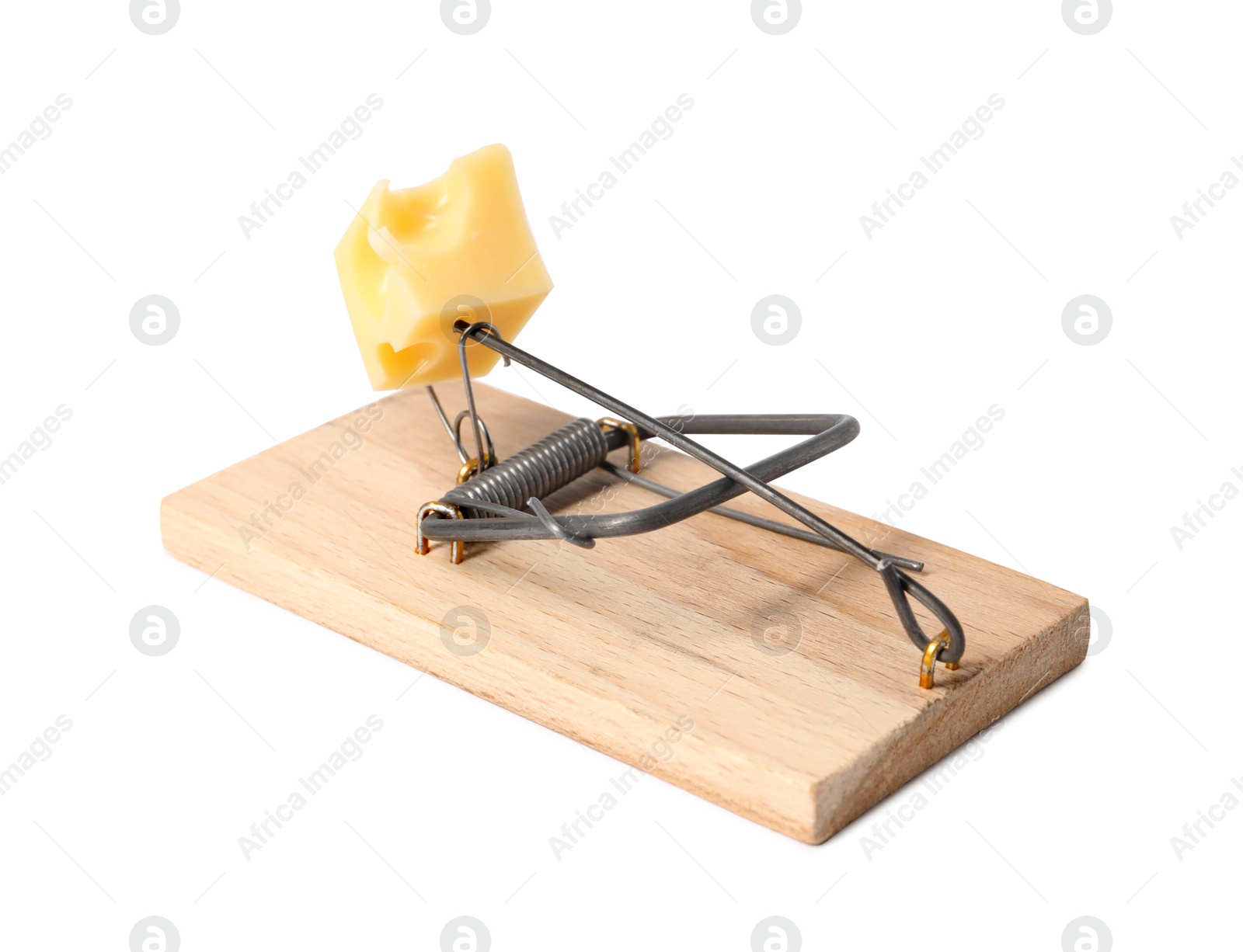 Photo of Spring-loaded bar mousetrap with piece of cheese isolated on white