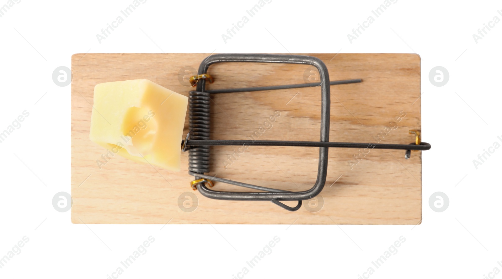 Photo of Spring-loaded bar mousetrap with piece of cheese isolated on white, top view