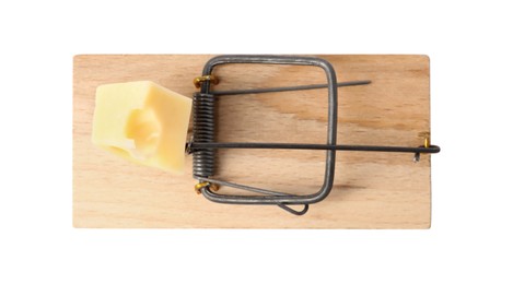 Photo of Spring-loaded bar mousetrap with piece of cheese isolated on white, top view